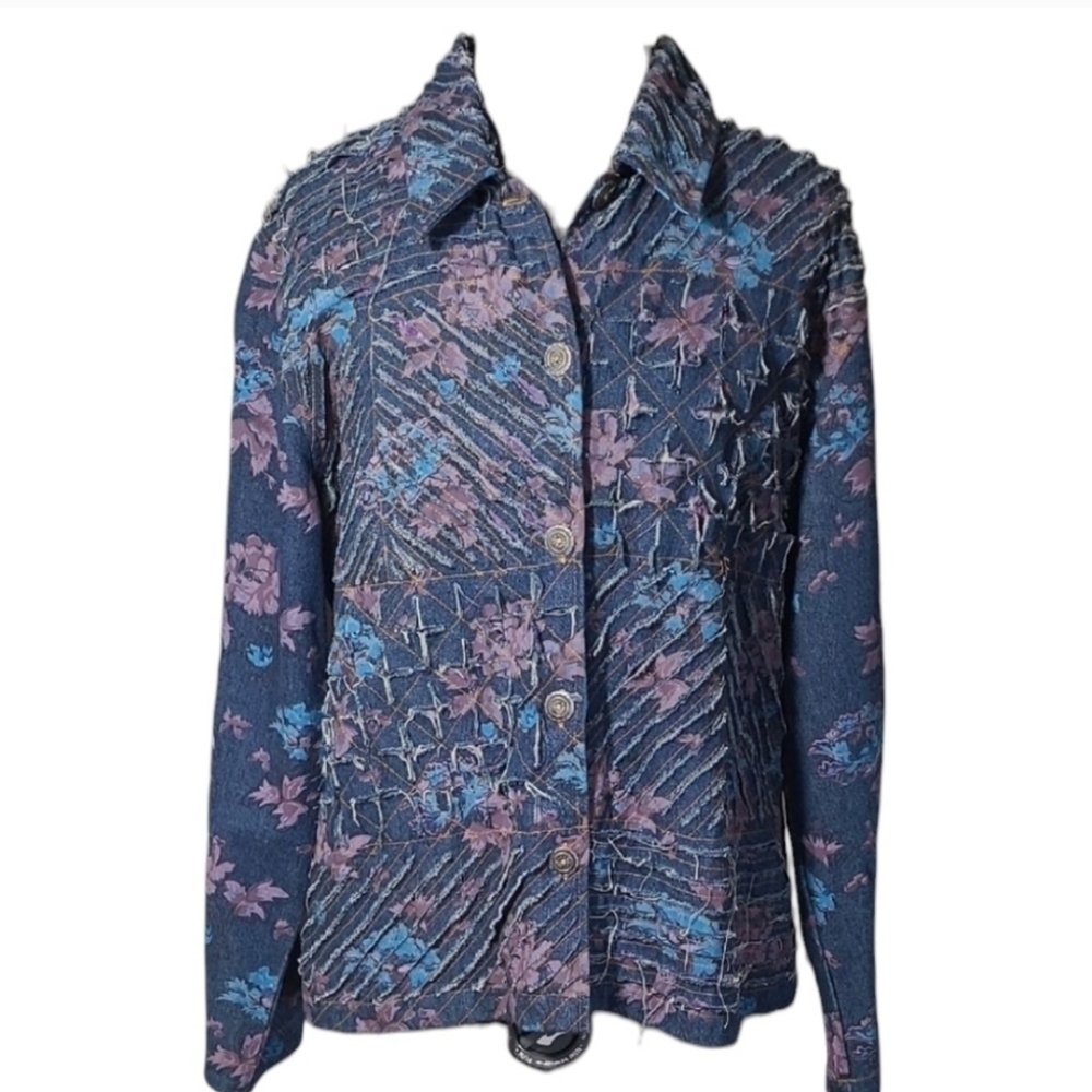 Denim Tantrums Blue Pink Jean Jacket Unique Textured Distressed Vintage